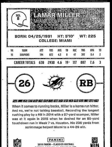 2016 Panini Classics #8 Lamar Miller NM-MT Dolphins ID:6074 - Football Card Single