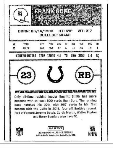 2016 Panini Classics #94 Frank Gore NM-MT Colts ID:6121 - Football Card Single