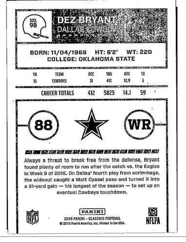 Dez Bryant football card from Panini Classics with original gloss in 2016 Panini Classics