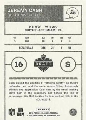2016 Panini Classics Rookies Glossy #234 Jeremy Cash NM-MT ID:6062 - Football Card Single
