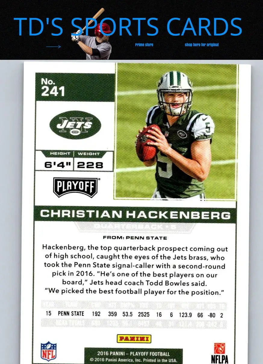 Christian Hackenberg football card from Panini Playoff featuring 1st Down #/99