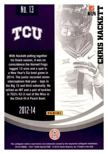 Original gloss Chris Hackett football card from Panini TCU featuring Simply Sandoval design