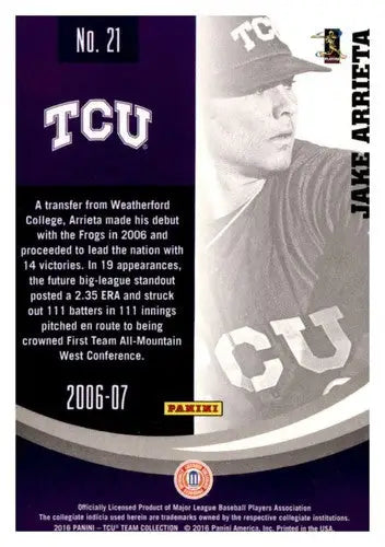 Original gloss baseball card featuring Panini TCU Horned Frogs Jake Arrieta 2016