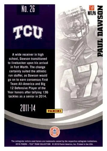 Original gloss Paul Dawson football card from Panini TCU Horned Frogs 2016 simply Sandoval
