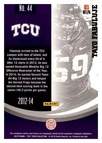 Original gloss football trading card featuring Tayo Fabuluje from Panini TCU Horned collection