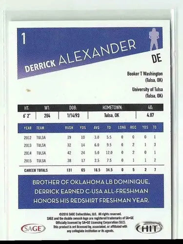 2016 SAGE Hit #1 Derrick Alexander NM-MT DE ID:4621 - Football Card Single