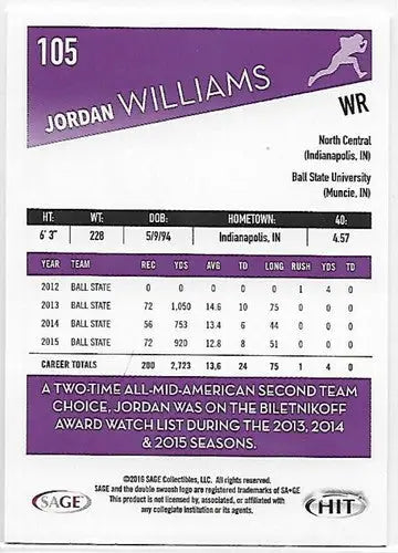 SAGE Hit Jordan Williams football card with original gloss from 2016 SAGE Hit collection