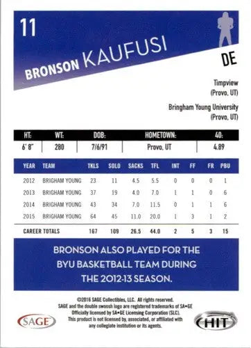 Sage Hit Bronson Kaufusi football card with original gloss from 2016 Sage Hit series