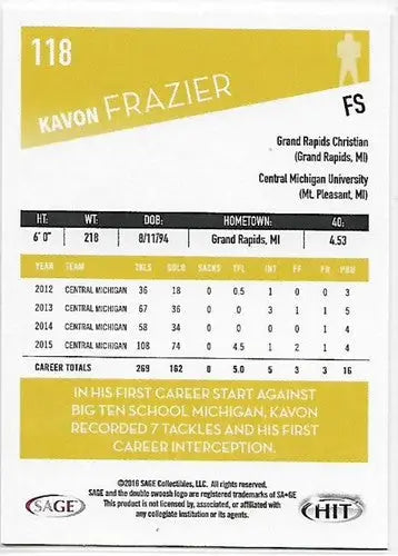 2016 SAGE Hit #118 Kavon Frazier NM-MT ID:16812 - Football Card Single