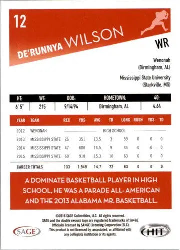 Original gloss of De’Runnya Wilson football card from 2016 SAGE Hit series
