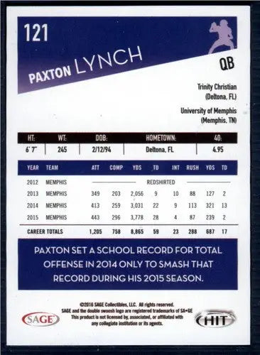 Original gloss Paxton Lynch football card from Sage Hit 2016 SAGE Hit series