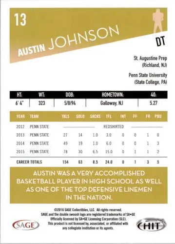 Original gloss Sage Hit Austin Johnson football card from 2016 SAGE Hit series