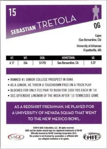 2016 SAGE Hit #15 Sebastian Tretola NM-MT OG ID:4626 - Football Card Single