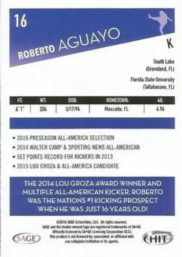 2016 SAGE Hit #16 Roberto Aguayo NM-MT K - Football Card Single