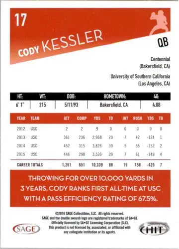 Original gloss Sage Hit Cody Kessler football card from 2016 SAGE Hit series