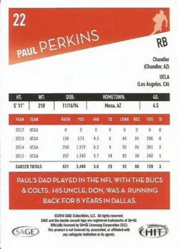 Original gloss Sage Hit Paul Perkins football card from 2016 SAGE Hit collection