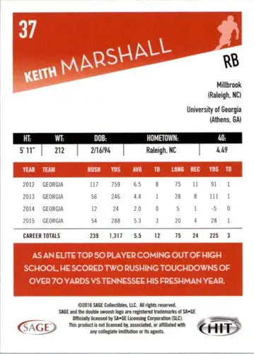 2016 SAGE Hit Keith Marshall football card with original gloss and collectible appeal