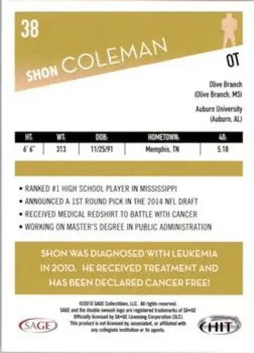2016 SAGE Hit Shon Coleman football card with original gloss and NM-MT quality