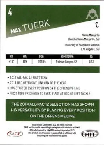 2016 Sage Hit Max Tuerk football card with original gloss NM-MT C ID4622