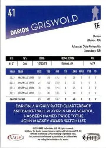 Original gloss Darion Griswold football card from 2016 SAGE Hit Simply Sandoval collection