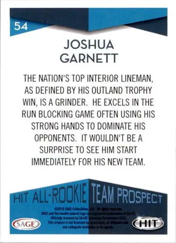 Original gloss Sage Hit Joshua Garnett football card from 2016 All-Rookie Team NM-MT