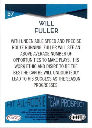 Will Fuller Sage Hit trading card with original gloss from the 2016 SAGE Hit All-Rookie Team