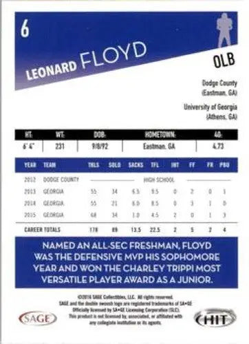 Leonard Floyd football card with sage hit original gloss from 2016 SAGE Hit series