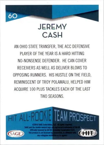 Original gloss Sage Hit Jeremy Cash football card from 2016 All-Rookie Team NM-MT