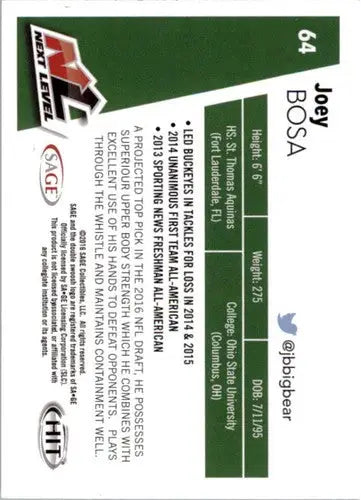 Sage Hit Joey Bosa football card with original gloss from 2016 SAGE Hit series