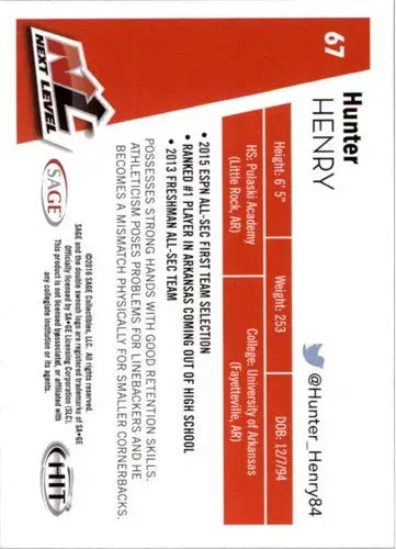 Original gloss Sage Hit Hunter Henry football card from 2016 SAGE Hit collection