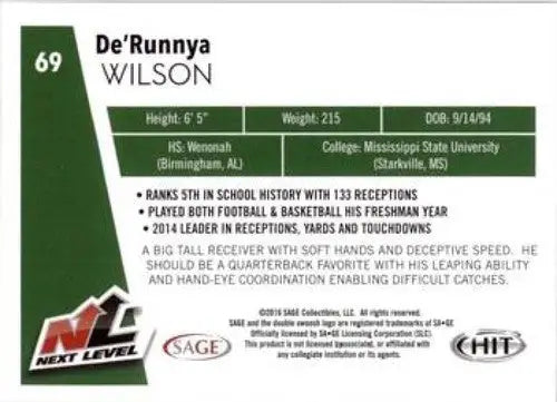 Football card featuring De’runnya Wilson from Sage Hit 2016 Next Level with original gloss