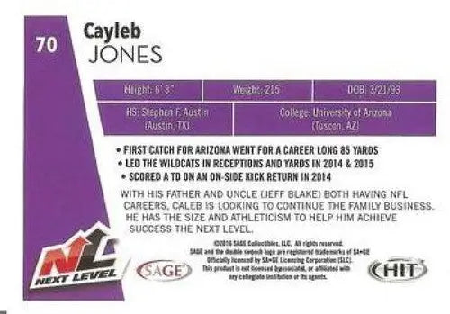 Original gloss football card back from Sage Hit featuring Cayleb Jones Next Level WR
