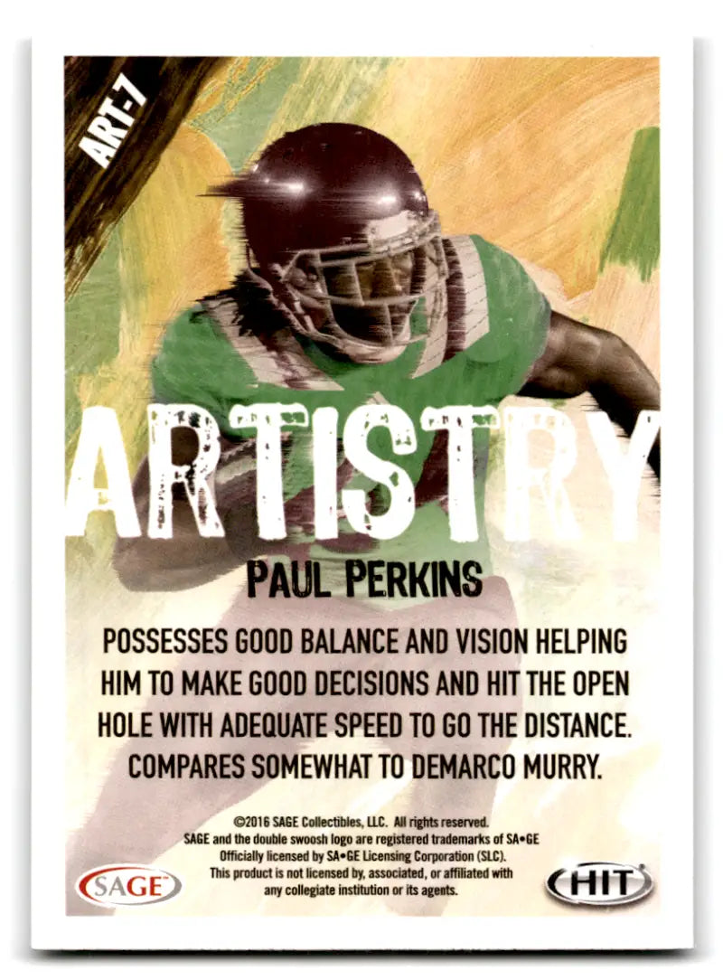 2016 SAGE Hit Artistry #ART-7 Paul Perkins NM-MT RB ID:82025 - Football Card Single