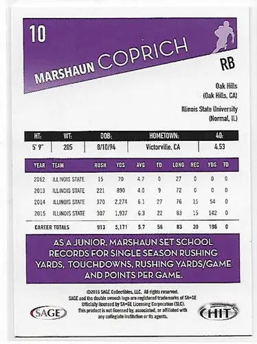 Original gloss football trading card from Sage Hit Gray featuring Marshaun Coprich NM-MT