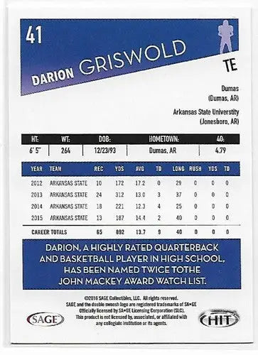 2016 Sage Hit Gray Darion Griswold football card displayed in Sage Hit Gray collection