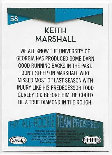 2016 Sage Hit Gray Keith Marshall trading card from Sage Hit Gray series NM-MT