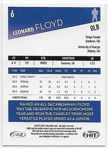 2016 SAGE Hit Gray #6 Leonard Floyd NM-MT ID:4755 - Football Card Single
