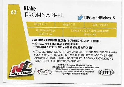 Original gloss 2016 Sage Hit Gray Blake Frohnapfel football card NL NM-MT