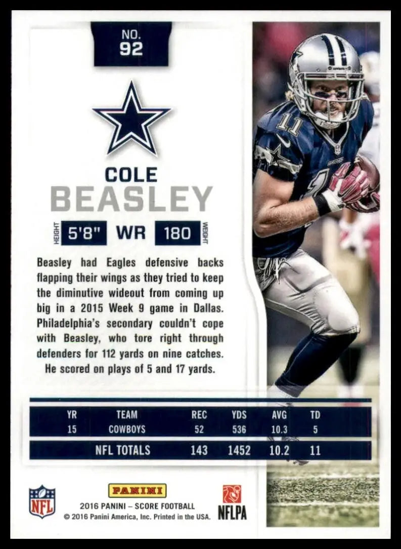 2016 Score Cole Beasley #92 Dallas Cowboys Football Card NFL Sports