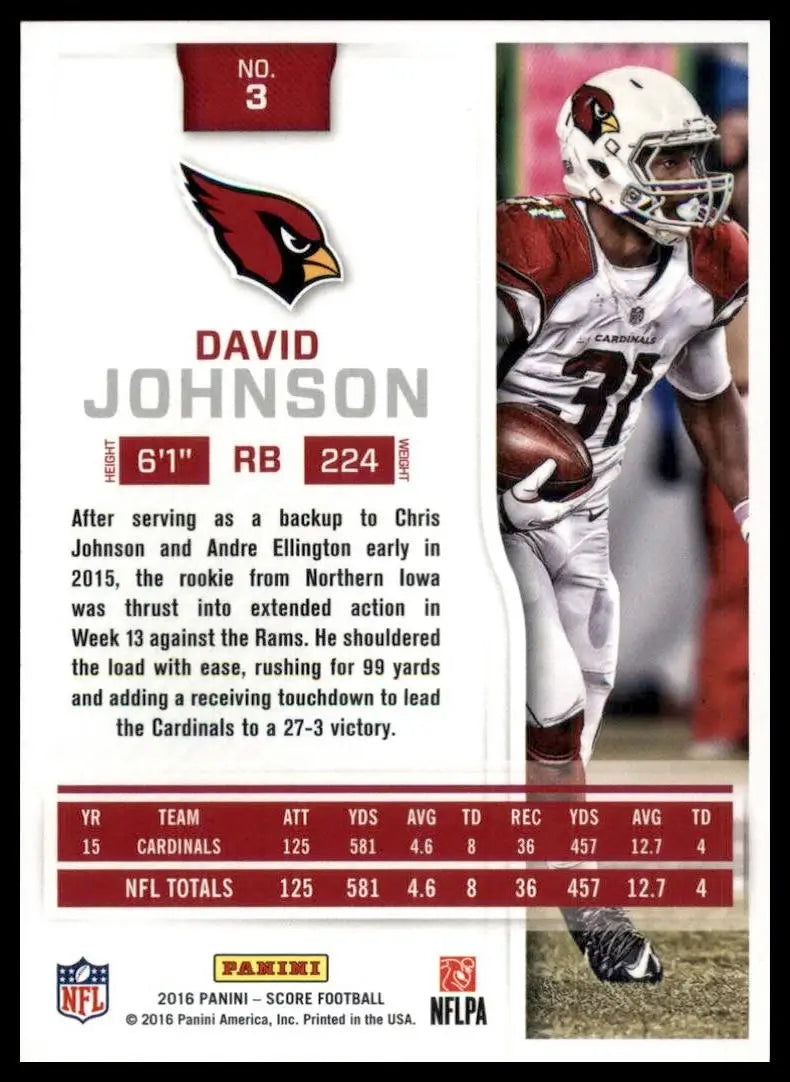 2016 Score David Johnson #3 Arizona Cardinals Football Card NFL Sports - Football Card Single