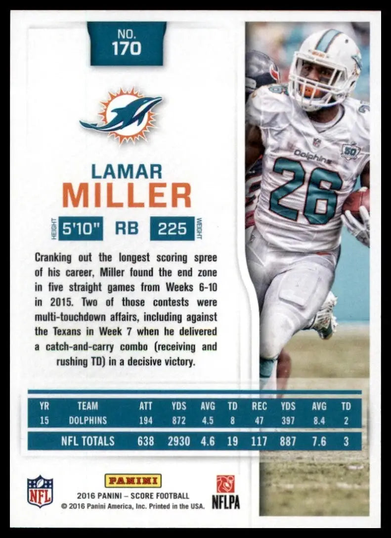 2016 Score Lamar Miller #170 Miami Dolphins Football Card NFL Sports - Football Card Single