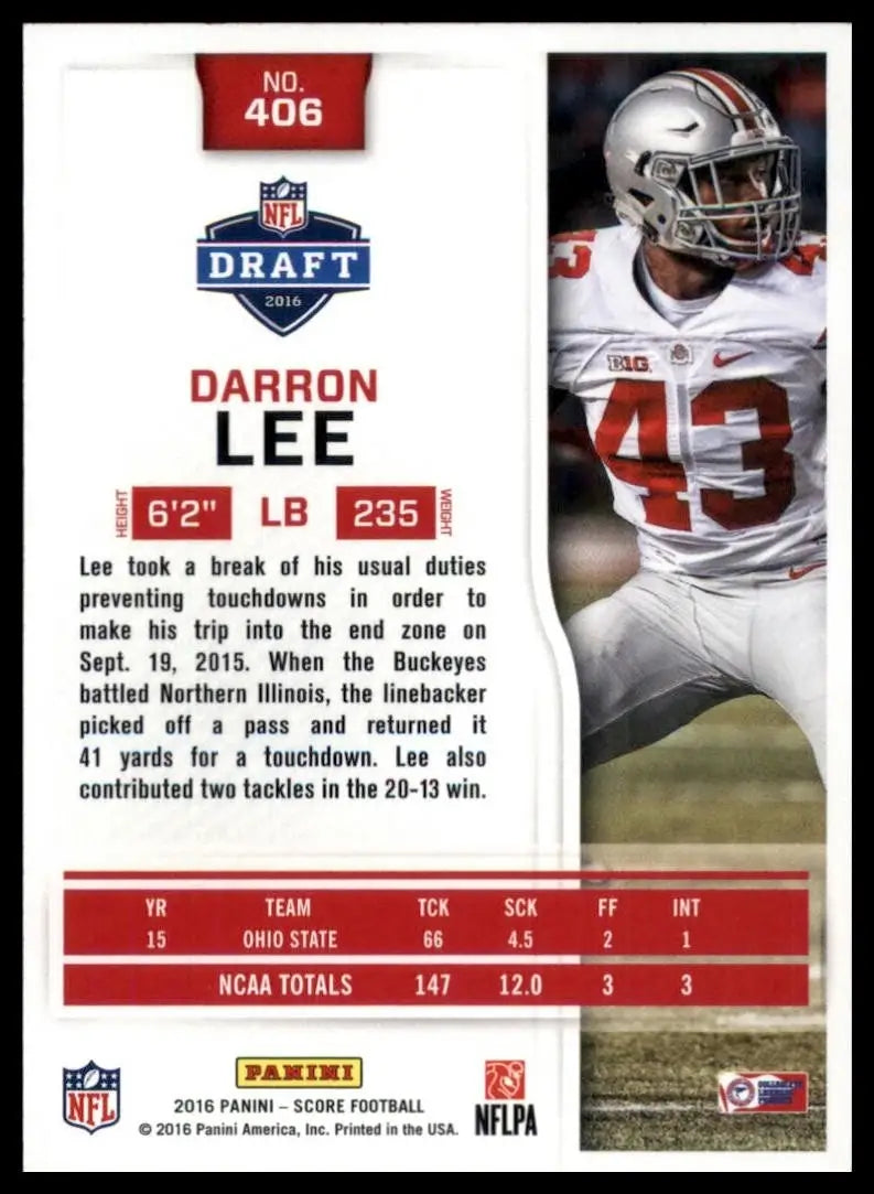 2016 Score Rookie Darron Lee #406 Ohio State Buckeyes Football Card NFL Sports - Football Card Single