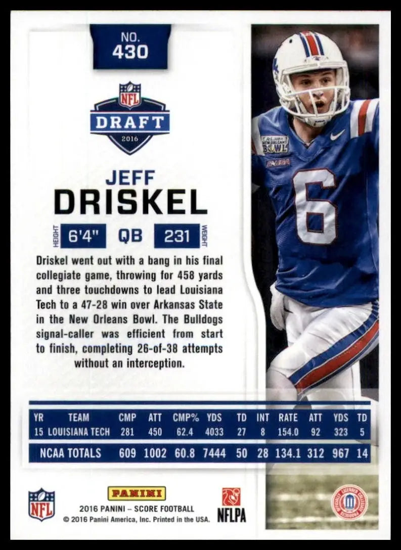 2016 Score Rookie Jeff Driskel #430 Louisiana Tech Football Card NFL Sports - Football Card Single