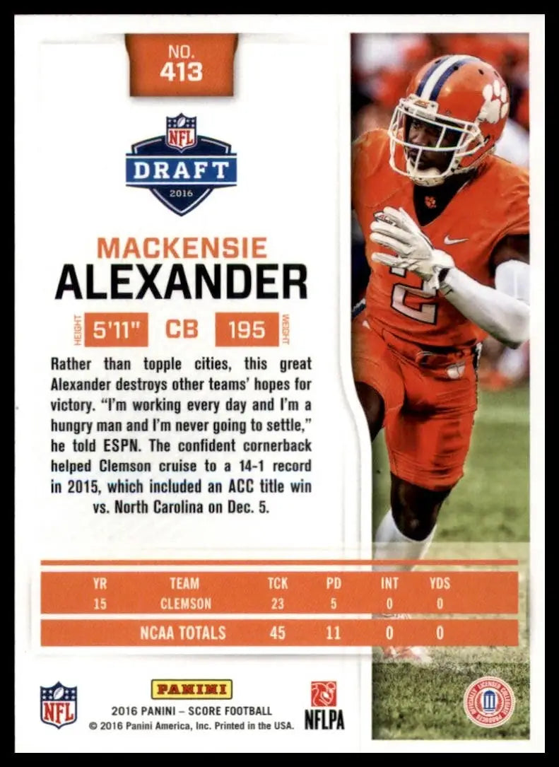 2016 Score Rookie Mackensie Alexander #413 Clemson Tigers Football Card NFL - Football Card Single