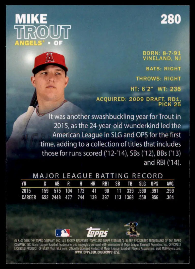 2016 Stadium Club - Gold Foil Mike Trout 280 Los Angeles Angels Baseball NM - Baseball Card Single