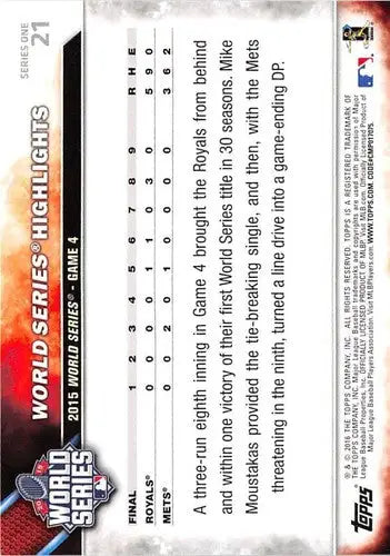 Baseball card back showing original gloss of Mike Moustakas 2016 Topps #21 Royals