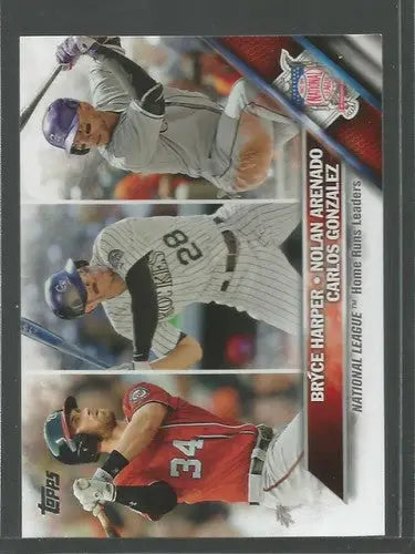 Baseball card featuring Nolan Arenado Bryce Harper and Carlos Gonzalez with original gloss