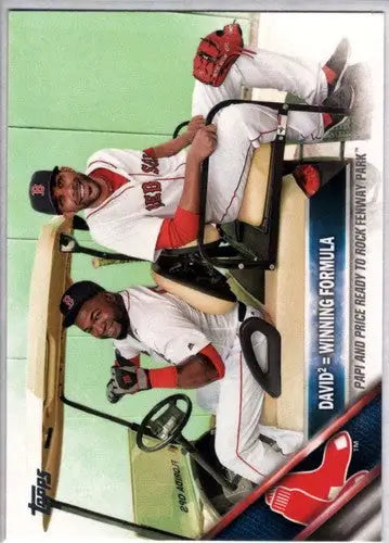 Baseball card featuring two Red Sox players in a golf cart from 2016 Topps Winning Formula series