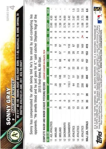 Original gloss Sonny Gray NM-MT baseball card from 2016 Topps #4 Athletics