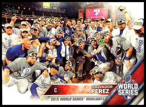 2015 World Series Salvador Perez baseball card with original gloss from 2016 Topps